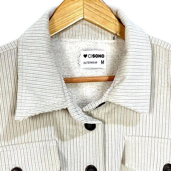 Corduroy Sherpa Lined Oversized Shacket Jacket M Button Up Soft Outerwear Beige - Picture 3 of 11